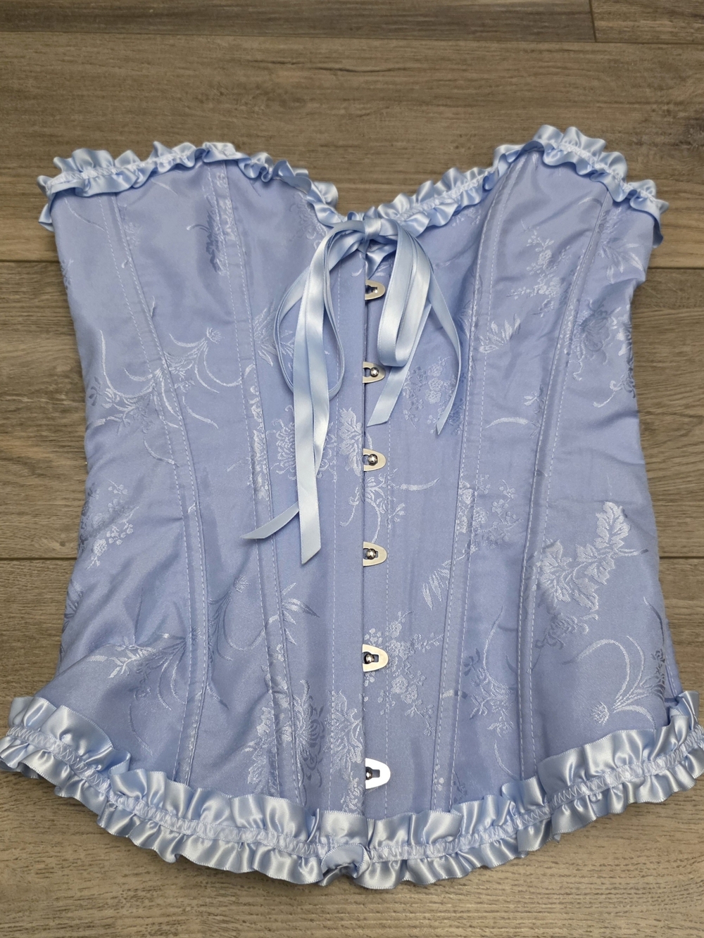 Light Blue Floral Satin Corset Top with Ruffle Trim Size XS